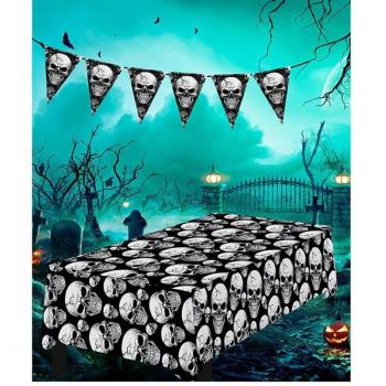 Tête de mort en papier, nappe noire 274×137 cm