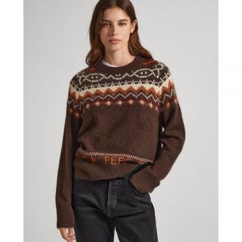 Jersey Pepe Jeans de mujer con cuello redondo y estampado jacquard marrón