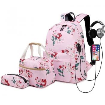 15-Inch Laptop Backpack Set for Teen Girls with Waterproof Nylon, Lunch Tote, and Clutch Purse