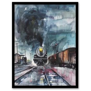 Rain‑Drenched Train Yard – 12x16” Blue Framed Print