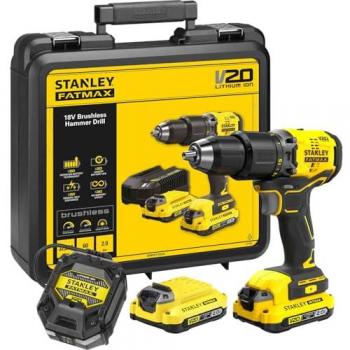 Stanley FatMax V20 18V Cordless Brushless Combi Drill with 2 x 2.0Ah Lithium-Ion Batteries and Charger Case
