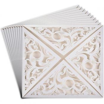 10pcs White Square Wedding Invitation Cards with Lace and Bowknot