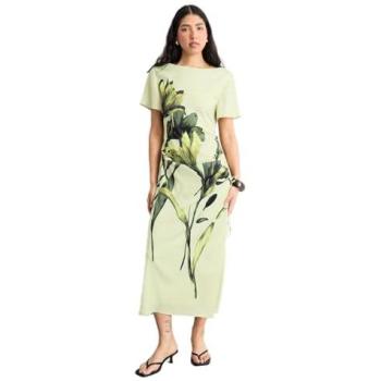 Women’s Lime Yellow Crinkle Satin Ruched Midi Dress with Placement Print
