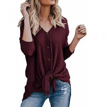 PCEAIIH Women's Loose Fit Waffle Knit Tunic with V Neck and Tie Knot