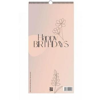 Immerwährender Geburtstagskalender Happy Birthdays ohne Jahreszahl. Florale Lineart in Bohofarben.