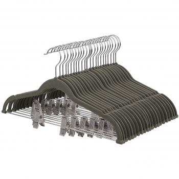 SONGMICS 30 Stück Samt Kleiderbügel mit Clips und Steg, Grau