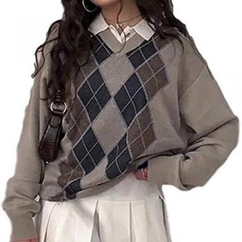 SMIMGO Oversized Vintage Brown V Neck Pullover Sweater
