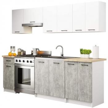 Set Cucina Componibile OLIWIA 7 Pezzi, 240x46x203 cm, Colore Bianco e Grigio Cemento