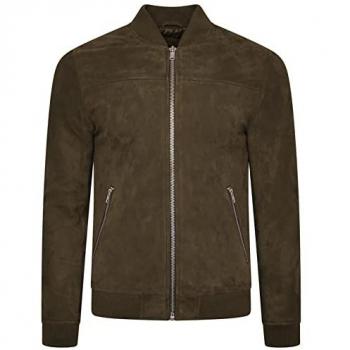 Khaki Goat Suede Slim Fit Bomber Jacket