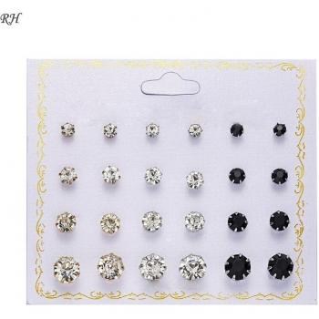 12 Pairs Simulated Pearl and Crystal Stud Earrings