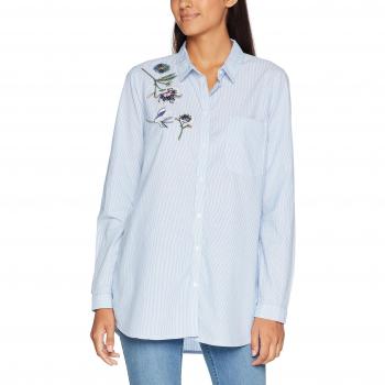 TOM TAILOR Denim Damen Bluse Gestreiftes Shirt mit Stickerei, Grau (Greyish Mid Blue 6731)