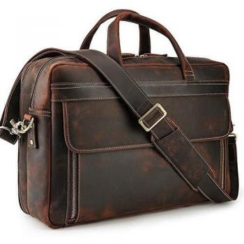 Mens Premium 17” Leather Laptop Briefcase with Multiple Pockets