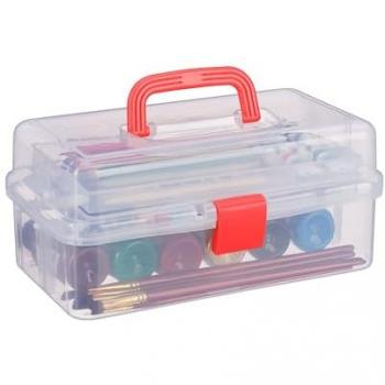 Estuche organizador de plástico rojo, 9 compartimentos, 14 x 33 x 19 cm, cierre a presión