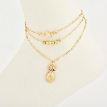 Multilayer Gold Anklet with Pineapple and Pentagram