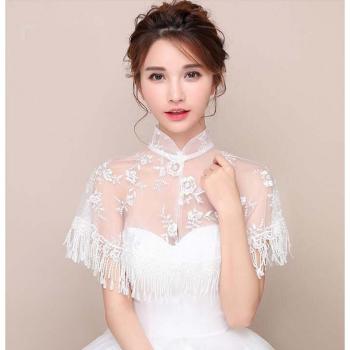Bolero de encaje para mujer, cheongsam elegante de noche, capa corta con cuello alto, color marfil