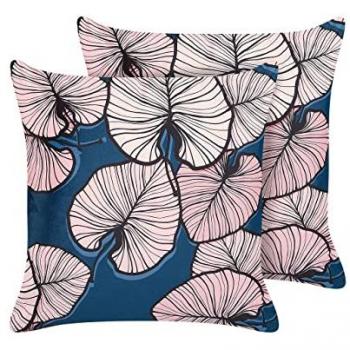 Coussins en Velours Bleu/Rose 45 x 45 cm Motif Feuilles