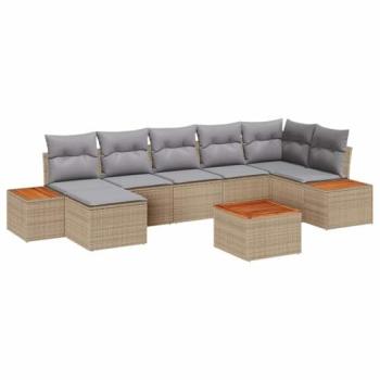 Set di 8 divani d'estate in polirattan e acacia, con cuscini beige