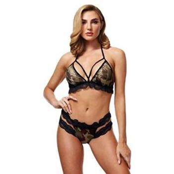 Ensemble Sexy Militaire Camouflage 2 Pièces en Dentelle et Mesh