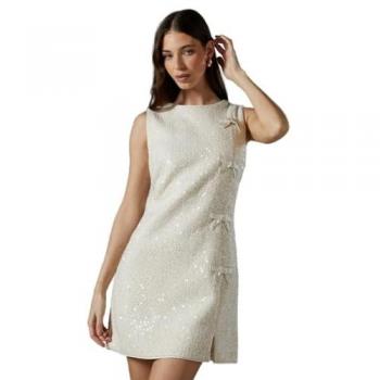 Ivory Bouclé Sequin Shift Dress with Decorative Bows