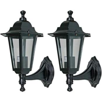 IP44 Cumbria 2‑Pack Black Outdoor Wall Lamps – Clear Hexagon Design