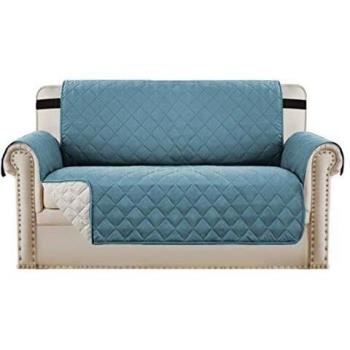 BellaHills Sofa Protector for Loveseat (Water Repellent, 2 Seater, Smoke Blue/Beige, Reversible, Non-Slip Straps)