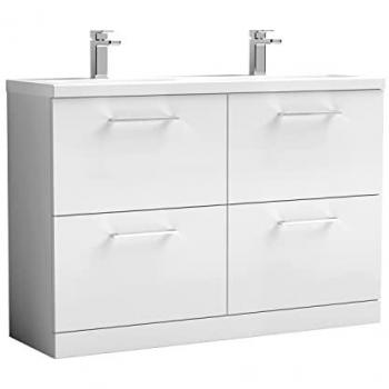Nuie Arno Four-Drawer Vanity, Gloss White Finish, 1200 mm, Dual Ceramic Washbasin