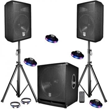 PACK SONO COMPLET BMS1812 USB-Bluetooth 2400W avec Sub 18 + 2 Enceintes 12 + Pieds + Câbles + Tél + 4 Ovni
