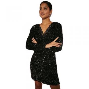Black Lace Trim Sequin Mini Dress