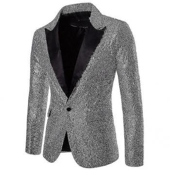 Costume Blazer Séquiné Homme – Tuxedo Argent, Un Bouton, Événement Festif, Taille XL