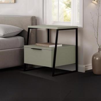 FWStyle Sage Green 1‑Door Nightstand – Sleek Black Metal Side Table