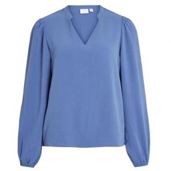 Vila Blusenshirt Bluse Mandarin-Kragen V-Ausschnitt Regular Fit 7782 in Blau