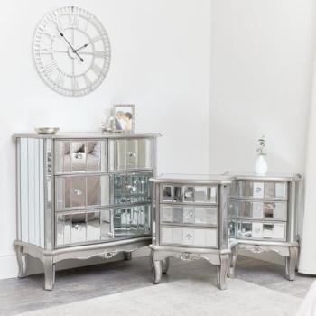 Tiffany Series: Mirrored Drawer Chest & Two Three-Drawer Nightstands in Silver