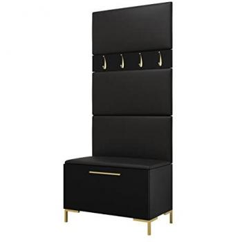 Recibidor Hartford F102, 196x84x46cm, negro, aglomerado laminado, cuero ecológico, instalación en pared