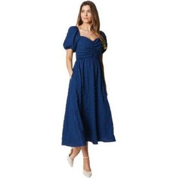 Debenhams Dark Blue Textured Puff Sleeve Midi Dress