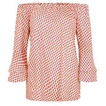 Lascana Damen Schulterfreie Carmenbluse Sand-Dunkelrot Bedruckt Gr. 40