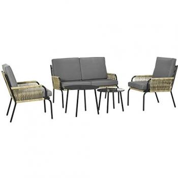 Outsunny Salon de jardin en résine tressée modulable 4 pers. 5 pièces avec 1 canapé 2 fauteuils et 2 tables basses rondes sable