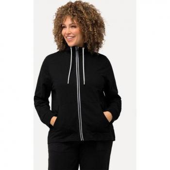 Große Ulla Popken Damen‑Sweatjacke – Schwarz, 54/56, Baumwolle-Polyester, Stehkragen