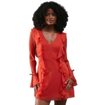 Warehouse Women's Mini Dress in Red with Chiffon Ruffles and Tie Sleeves