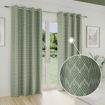 Aspen Green Thermal Eyelet Blockout Curtains with Geometric Leaf Pattern