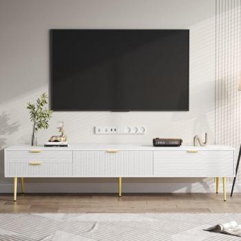 Mueble TV Modfu 175x35x40 cm, 2 cajones, 2 puertas, acabados dorados, MDF blanco