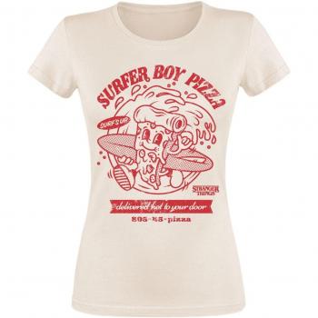 Beige Stranger Things Surfer Boy Pizza Damen‑Tee, XL, Lizenzierter Fanartikel