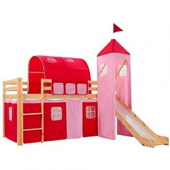VitaXL Letto a Castello con Scivolo, Scala e Tenda in Legno di Pino per Cameretta Bambini, St