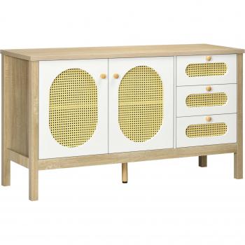 Aparador de Almacenamiento HOMCOM para Cocina y Salón con 3 Cajones y 2 Puertas de Rejilla 140x45x80 cm Natural