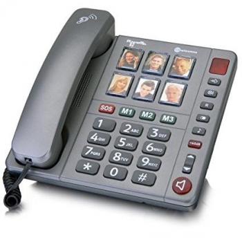 Amplicomms 92: Teléfono Analógico Gris para Escritorio o Pared, Base incluida, 3 Botones Digitales