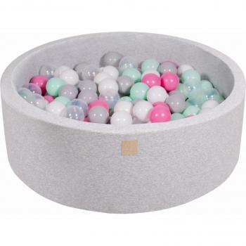 Piscine à balles ronde MeowBaby® en coton, couleur gris clair, dimensions 90x30x90 cm, avec balles multicolores (transparent, gris, blanc, rose clair et menthe)