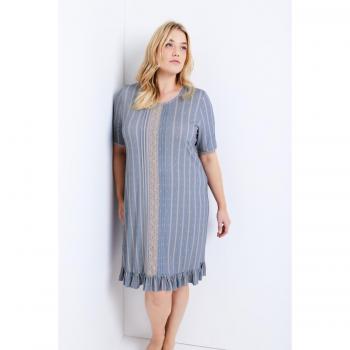 Camicia da notte con ruche e pizzo, a strisce, Donna, Blu, Taglia 56/58, Poliestere/Viscosa