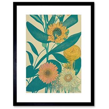 Vivid Marigold Daisy & Turquoise Leaves Artwork – 9x7 Framed