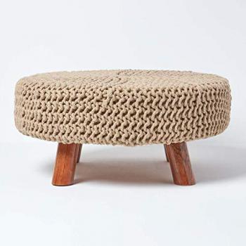 Knitted Linen Round Footstool with Wooden Legs