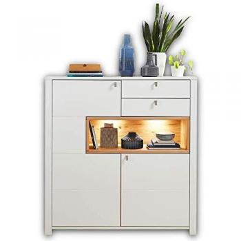 SERPIO Highboard in Weiß matt, Wildbuche massiv, 132 x 138 x 41 cm