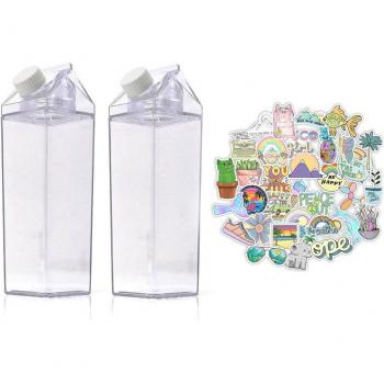 Botella de agua de cartón de leche, 17oz/34oz, para mujer, 2 unidades en cajas cuadradas transparentes sin BPA con pegatinas